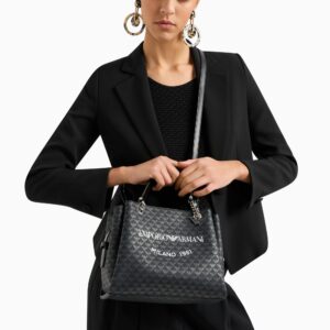 Borsa a mano eagle all over e stampa logo Milano 1981 Bianco e Nero Emporio Armani - immagine 3