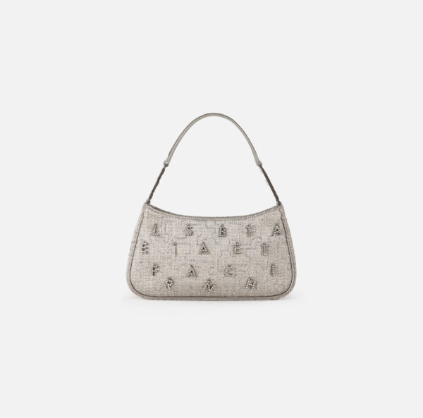 Borsa a spalla in tweed lurex con lettering di strass Piombo Elisabetta Franchi