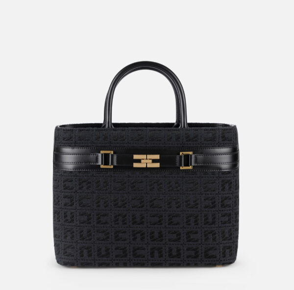 Borsa Shopper grande in tessuto jacquard con morsetto Nero Elisabetta Franchi