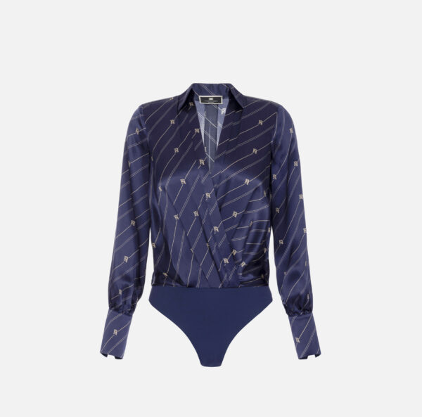 Camicia body in georgette di seta stampata Blu Navy Crema Elisabetta Franchi