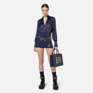 Camicia body in georgette di seta stampata Blu Navy Crema Elisabetta Franchi - immagine 5