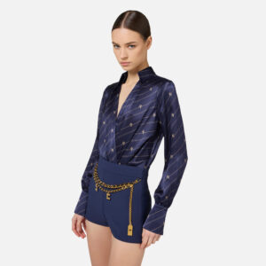 Camicia body in georgette di seta stampata Blu Navy Crema Elisabetta Franchi - immagine 4