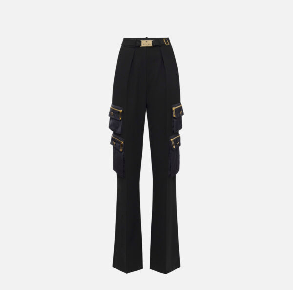 Pantalone dritto in crêpe con tasche e cintura Nero Elisabetta Franchi
