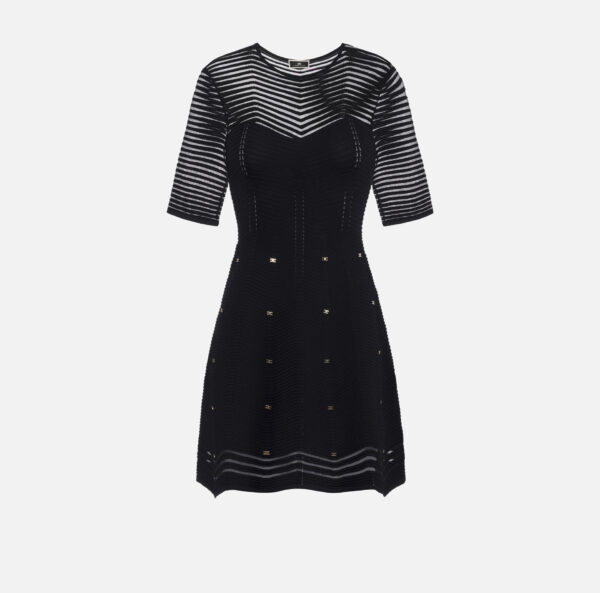 Miniabito in viscosa motivo chevron con borchie Nero Elisabetta Franchi