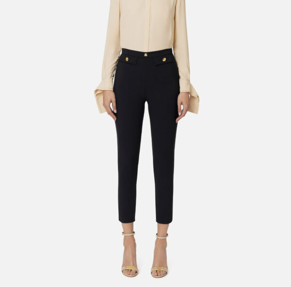 Pantalone dritto in crêpe stretch con rivetto logo Nero Elisabetta Franchi