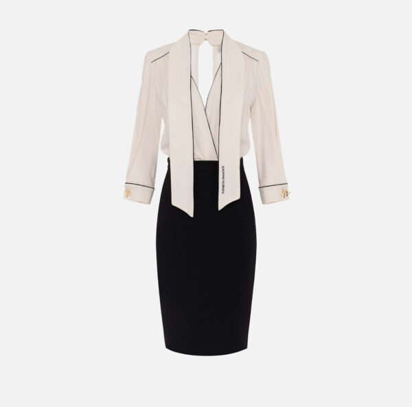 Abito in georgette e crêpe con piping Burro Nero Elisabetta Franchi